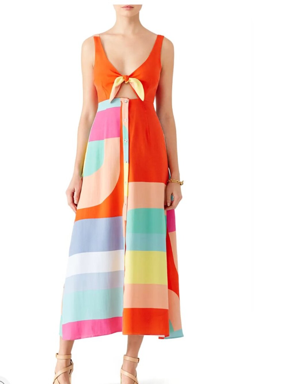 Mara Hoffman Orange Multicolor Tie-Front Midi Dress